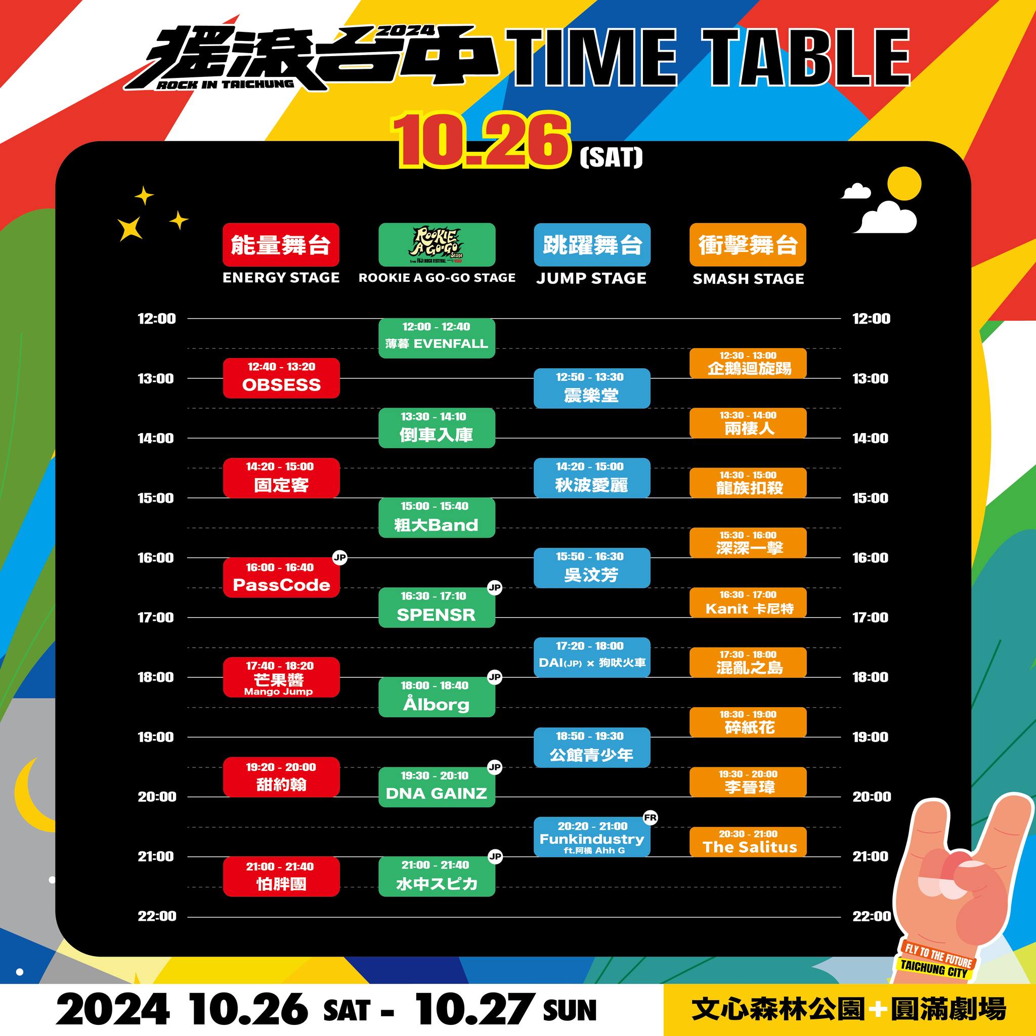 2024搖滾台中 | 10/26-10/27 文心森林公園 50組團體、4個舞台「血肉果汁機、傻子與白痴、芒果醬」嗨起來 (節目表)